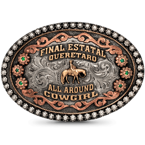 A custom belt buckle for cowgirls featuring a cowgirl figure with personalized bronze lettering that says Final Estatal Queretaro All Around Cowgirl